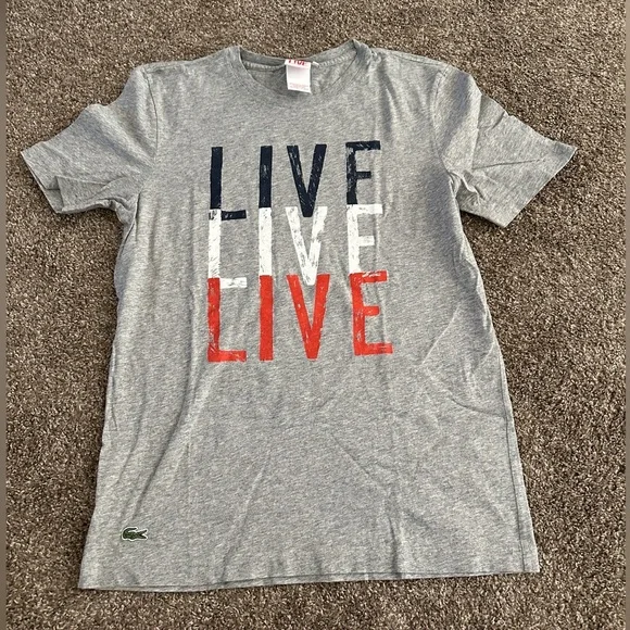 Lacoste short sleeve gray T-shirt ‘live live live’ red, white, & blue medium - Picture 2 of 13
